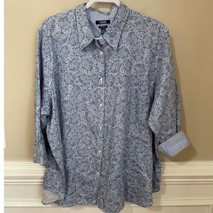 Chaps Womens 3X Blue Paisley Button Down Shirt No Iron Gingham Cuffs 3/4 Sleeve